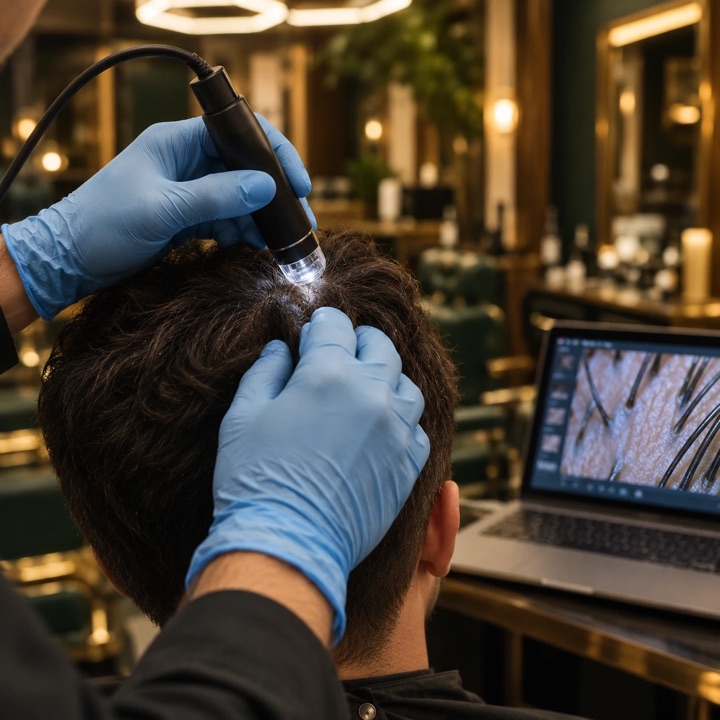Una tricocamera appoggiata sulla cute di un cliente, con l'immagine ingrandita dei capelli sullo schermo di un portatile
